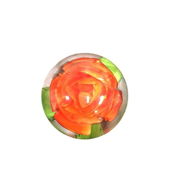 N/A Other - Handcrafted Glass Paperweight With Encased Orange Rose Design